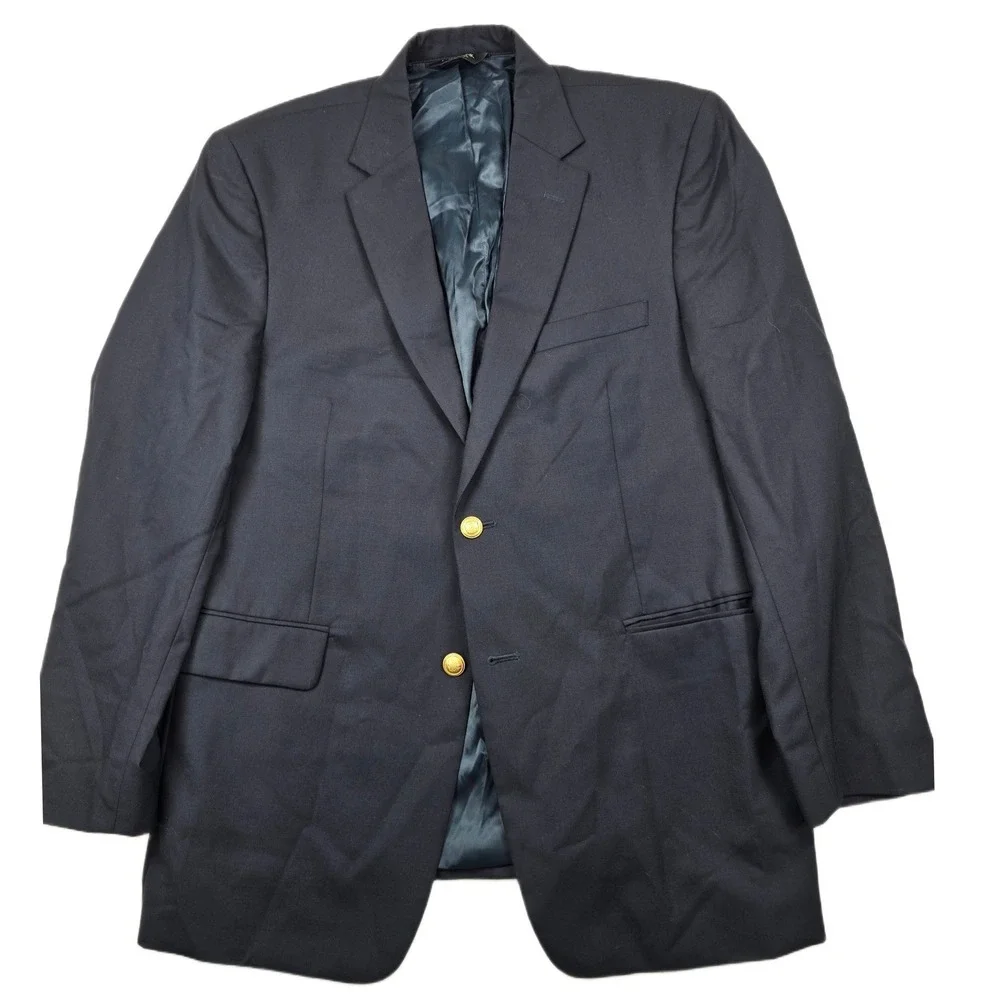 JoS A Bank Blazer Mens 44R Navy‎ Blue 100% Wool Gold Button Sport Coat Classic